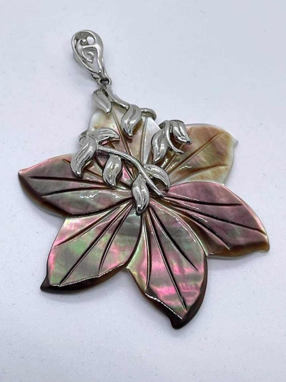 Vintage Mother of Pearl Flower Pendant in .925 Silver Iridescent 2.25" LARGE
